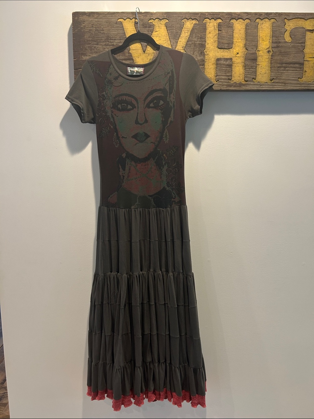 Olive Graphic Tiered Maxi Dress with Pink Trim